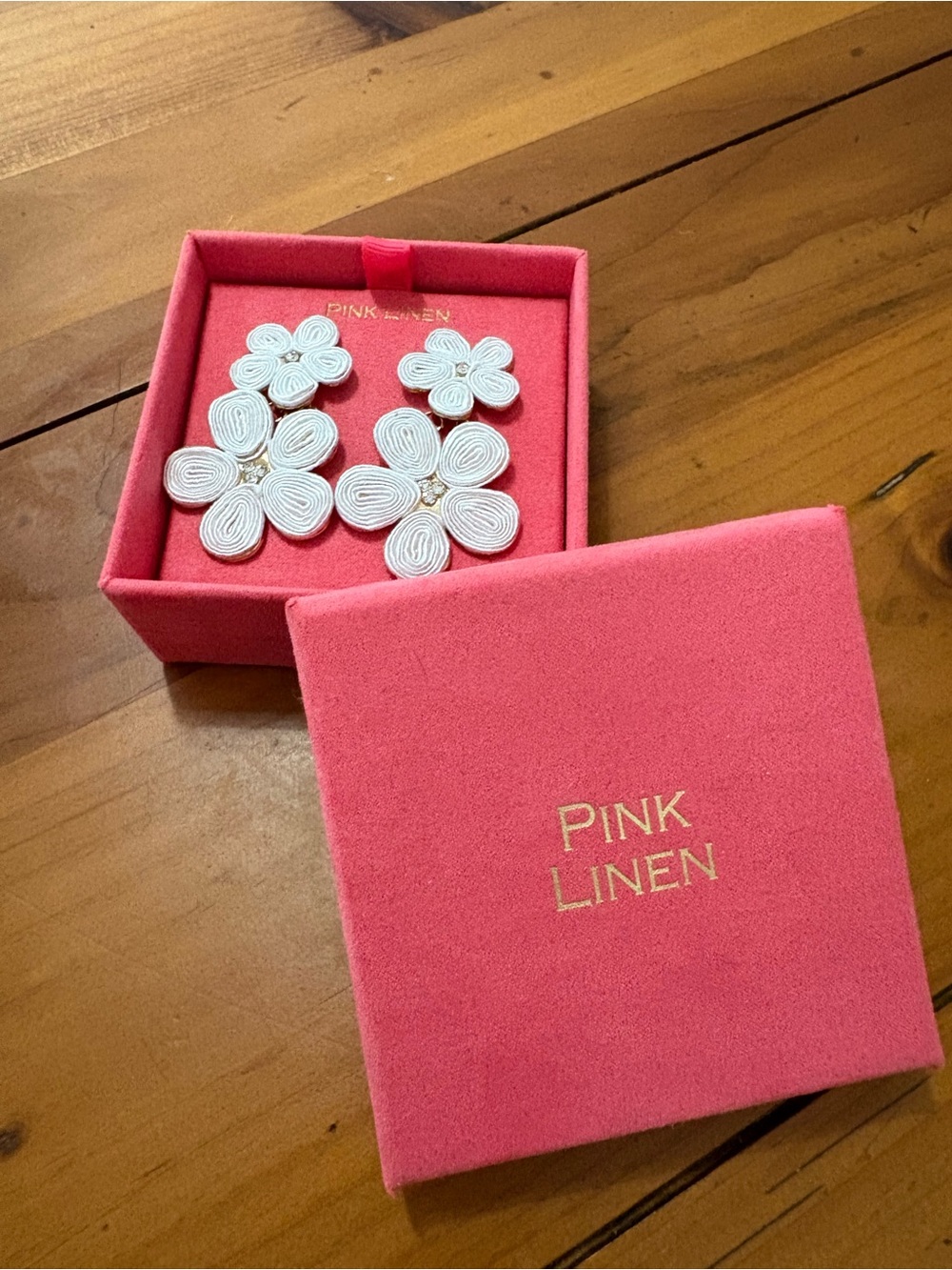 Pink Linen White Floral Drop Earrings - Elegant Women’s Jewelry